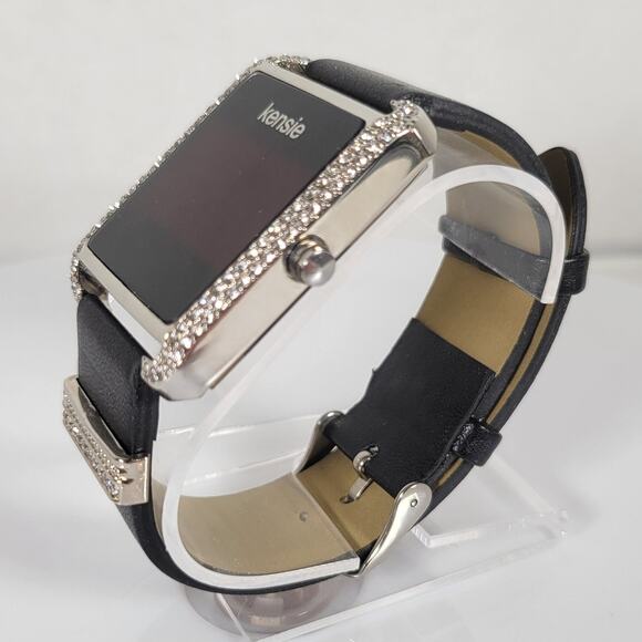 Kensie Women's Digital Watch with Crystals, Square Face, Black Leather Strap - Picture 6 of 16